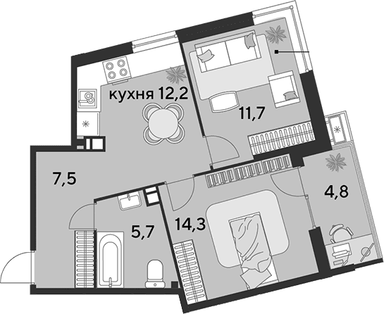 Продается 2-комн. квартира, 51.4 м²