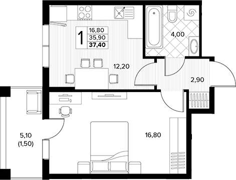 Продается 1-комн. квартира, 35.9 м²