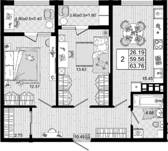 Продается 2-комн. квартира, 59.56 м²