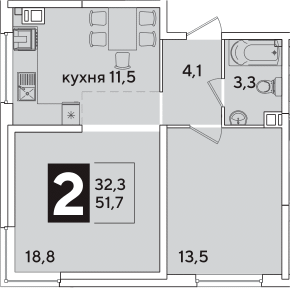 Продается 2-комн. квартира, 51.7 м²