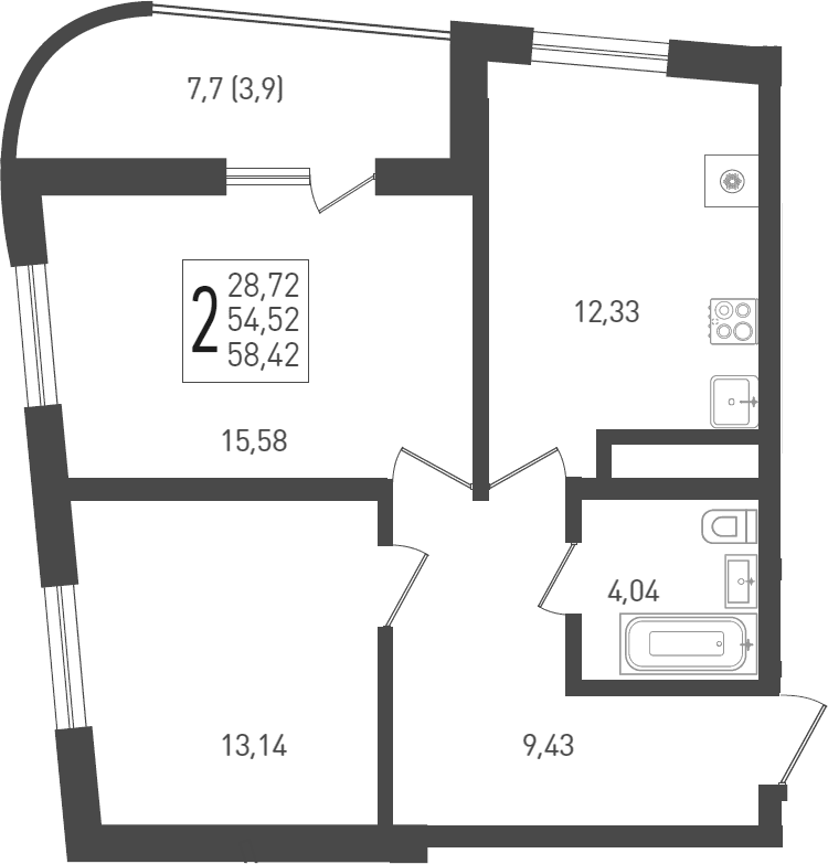 Продается 2-комн. квартира, 55.7 м²