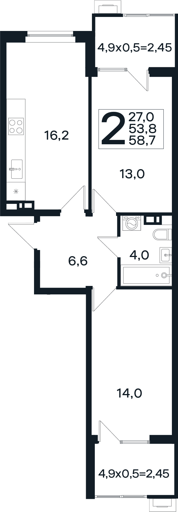 Продается 2-комн. квартира, 53.8 м²