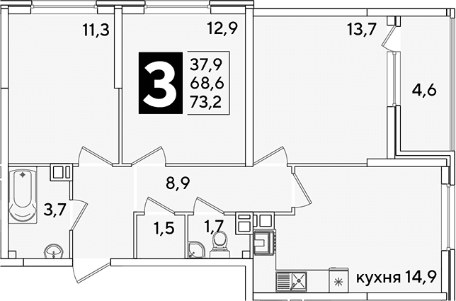 Продается 3-комн. квартира, 68.6 м²