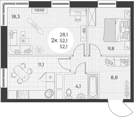 Продается 2-комн. квартира, 52.1 м²