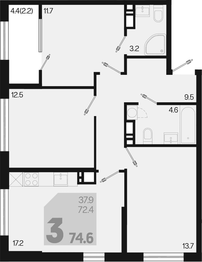 Продается 4-комн. квартира, 72.4 м²
