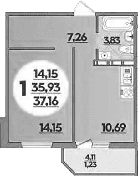 Продается 1-комн. квартира, 35.93 м²
