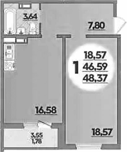 Продается 1-комн. квартира, 46.59 м²