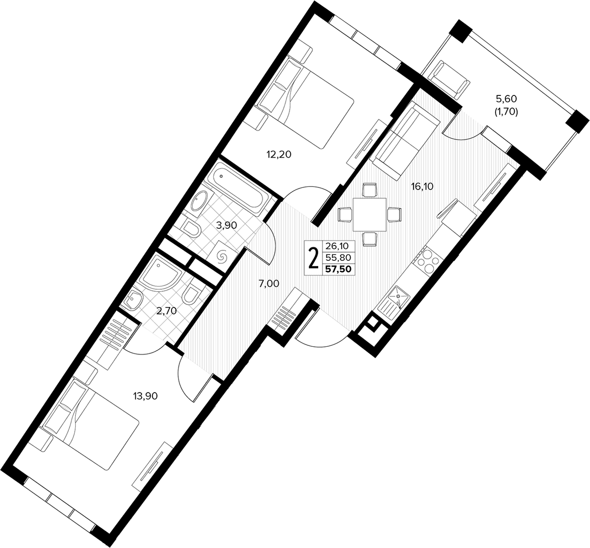Продается 2-комн. квартира, 55.8 м²