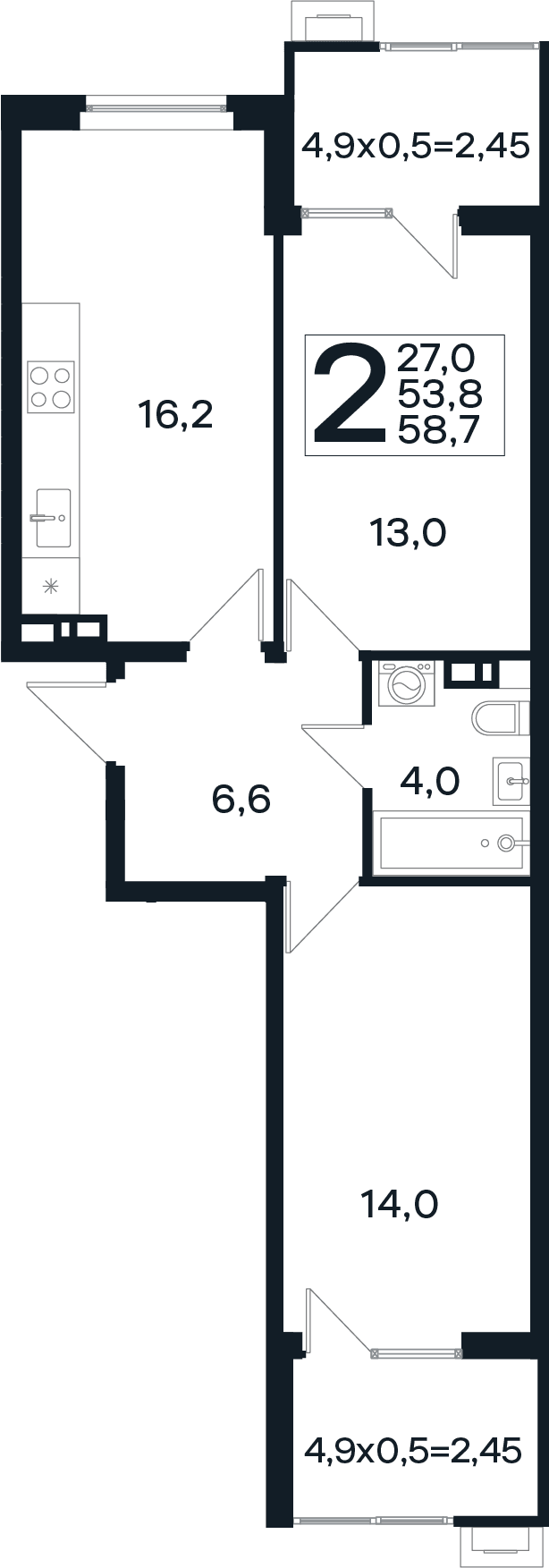Продается 2-комн. квартира, 53.8 м²