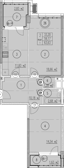 Продается 2-комн. квартира, 59.17 м²