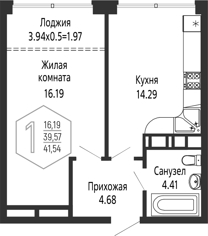 Продается 1-комн. квартира, 39.57 м²