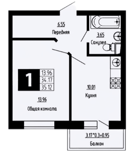 Продается 1-комн. квартира, 34.17 м²