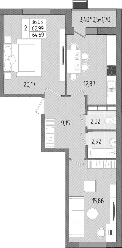 Продается 2-комн. квартира, 62.99 м²