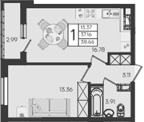 Продается 1-комн. квартира, 37.16 м²