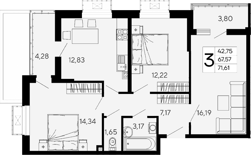 Продается 3-комн. квартира, 67.58 м²