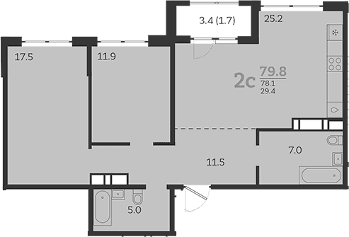 Продается 2-комн. квартира, 78.1 м²