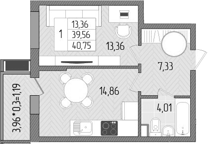 Продается 1-комн. квартира, 39.56 м²