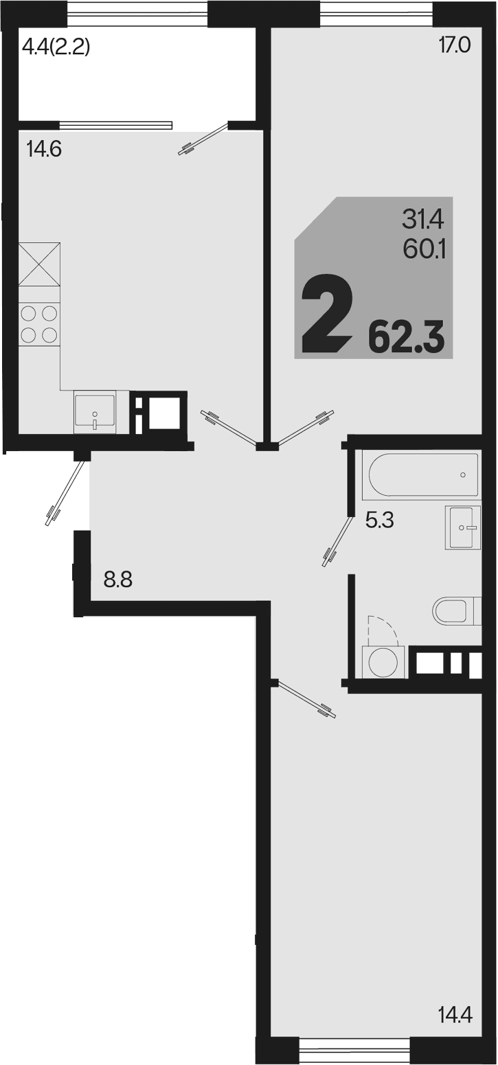 Продается 2-комн. квартира, 60.1 м²