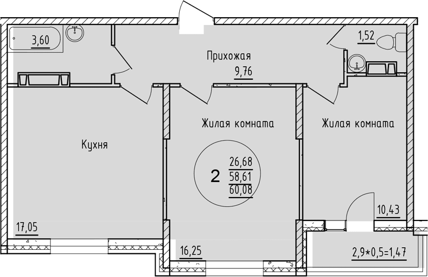 Продается 2-комн. квартира, 59.88 м²