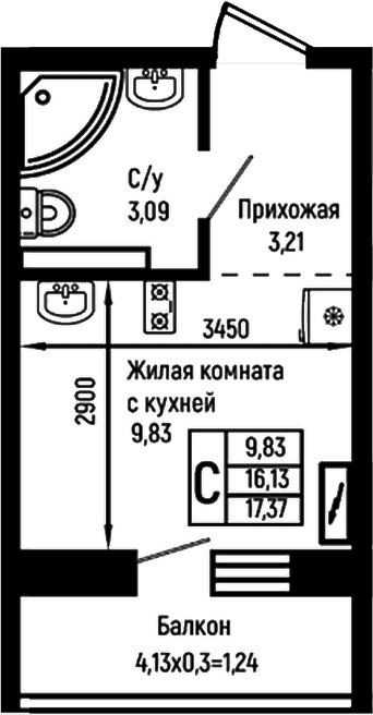 Продается 1-комн. квартира, 16.13 м²