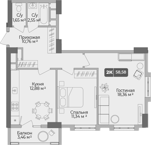 Продается 2-комн. квартира, 57.51 м²