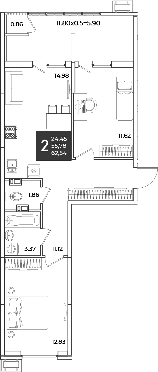 Продается 2-комн. квартира, 55.78 м²