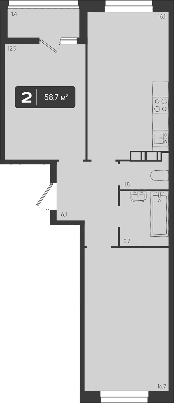 Продается 2-комн. квартира, 57.3 м²