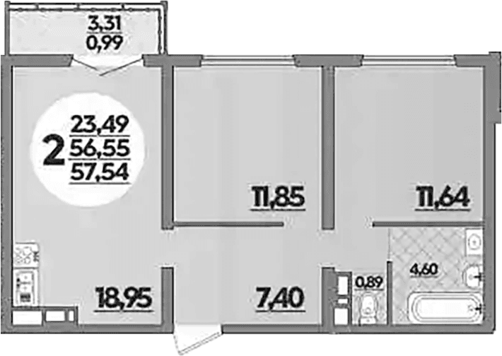 Продается 2-комн. квартира, 56.55 м²