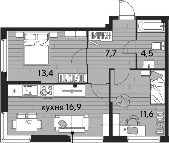 Продается 2-комн. квартира, 54.1 м²