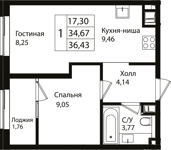 Продается 2-комн. квартира, 34.45 м²