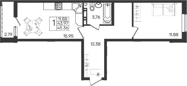 Продается 1-комн. квартира, 43.97 м²
