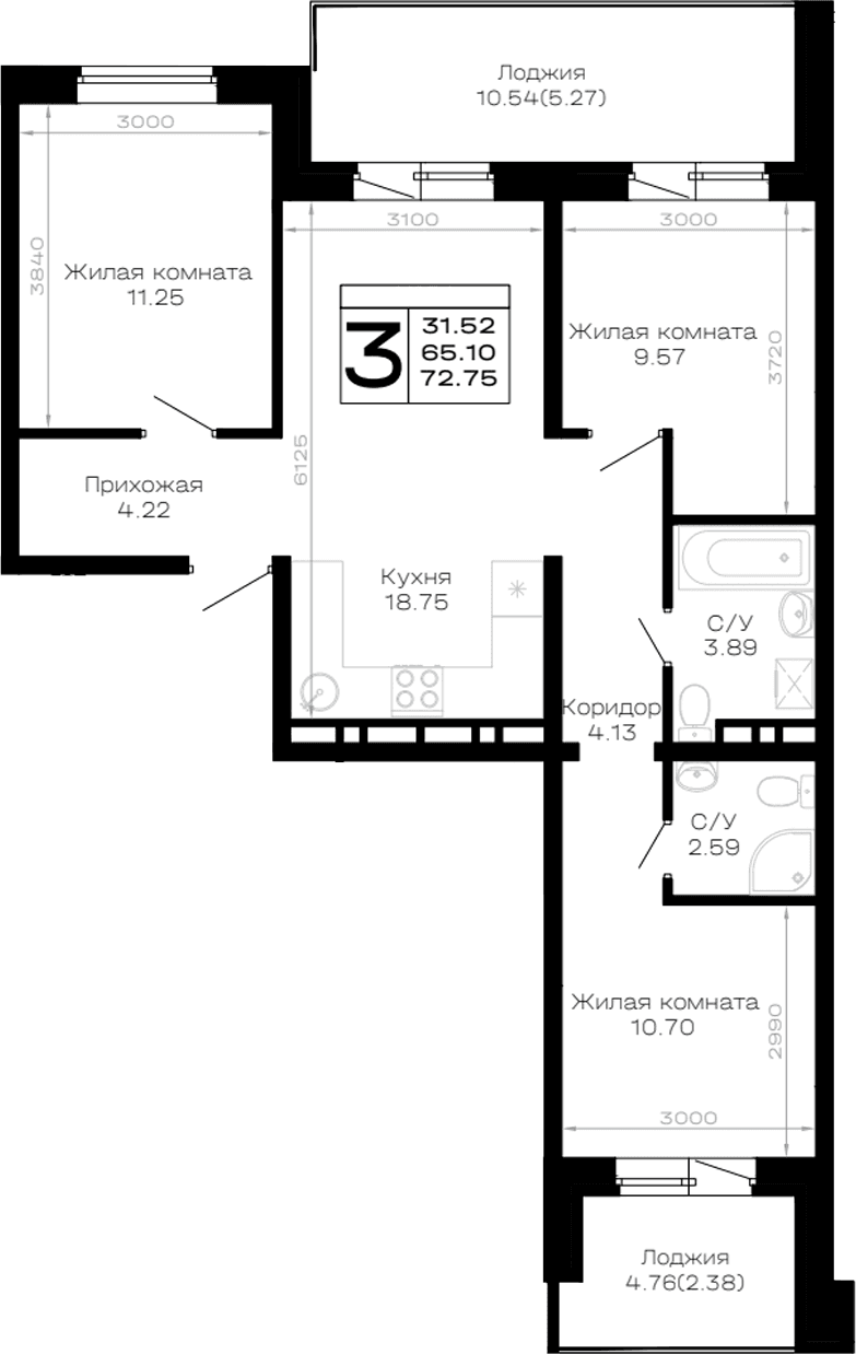 Продается 3-комн. квартира, 65.1 м²