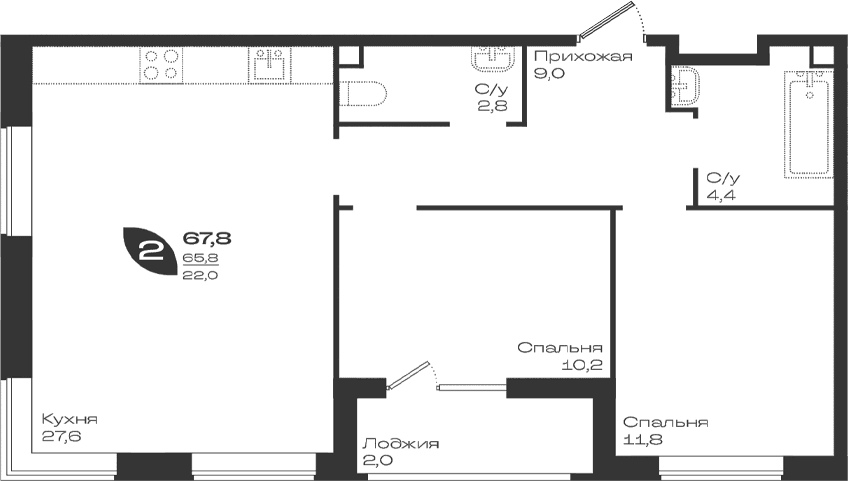 Продается 2-комн. квартира, 65.8 м²