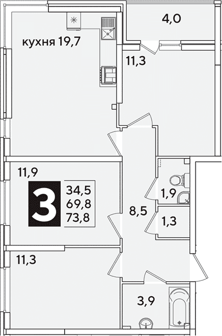 Продается 4-комн. квартира, 69.8 м²
