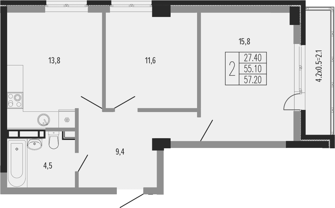 Продается 2-комн. квартира, 57 м²