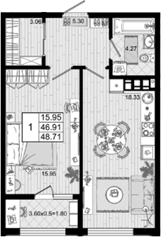 Продается 1-комн. квартира, 46.91 м²