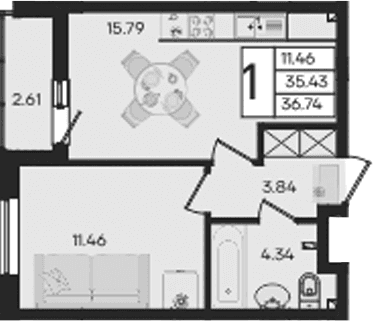 Продается 1-комн. квартира, 35.43 м²