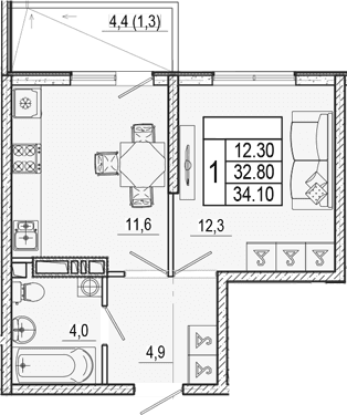 Продается 1-комн. квартира, 32.8 м²