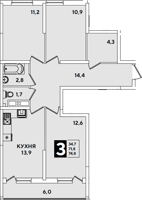 Продается 3-комн. квартира, 71.8 м²