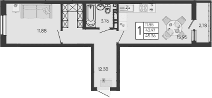 Продается 1-комн. квартира, 43.97 м²