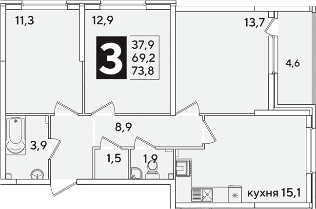 Продается 4-комн. квартира, 69.2 м²