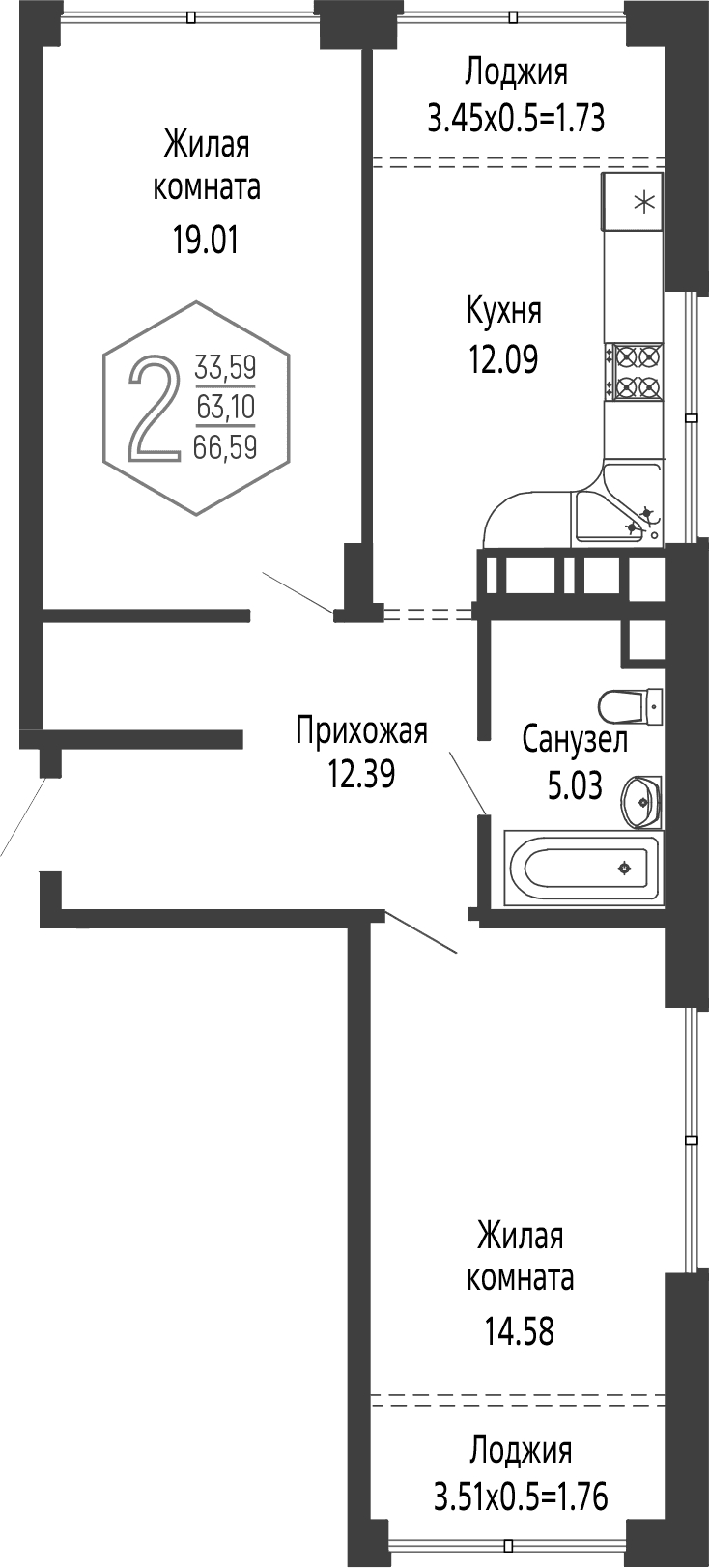 Продается 2-комн. квартира, 63.1 м²