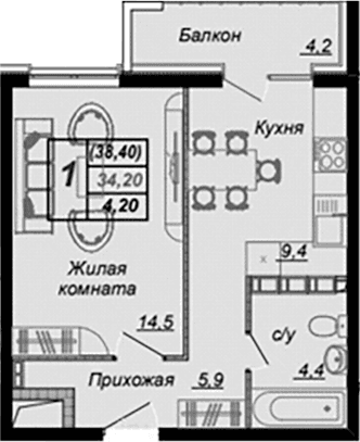 Продается 1-комн. квартира, 33.4 м²