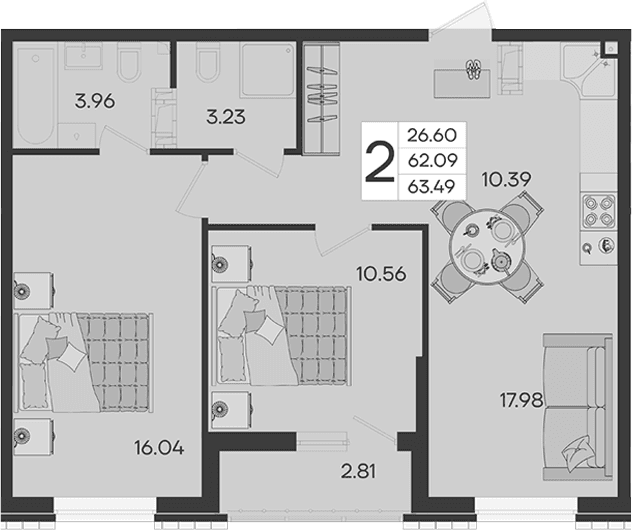 Продается 2-комн. квартира, 62.08 м²