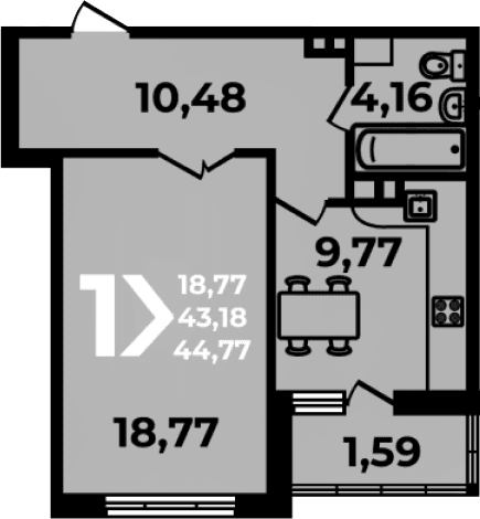 Продается 1-комн. квартира, 43.18 м²