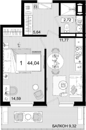 Продается 1-комн. квартира, 34.72 м²