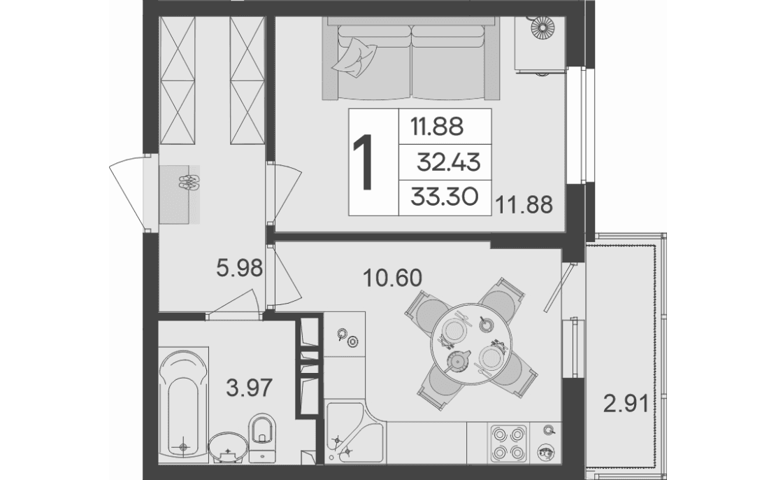 Продается 1-комн. квартира, 32.43 м²