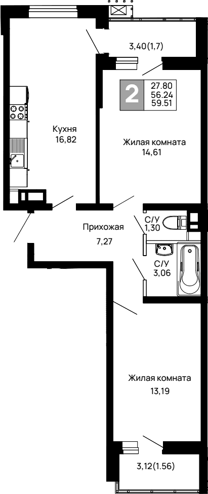 Продается 2-комн. квартира, 56.25 м²