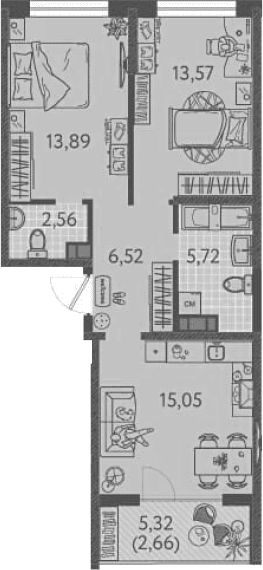 Продается 2-комн. квартира, 57.31 м²