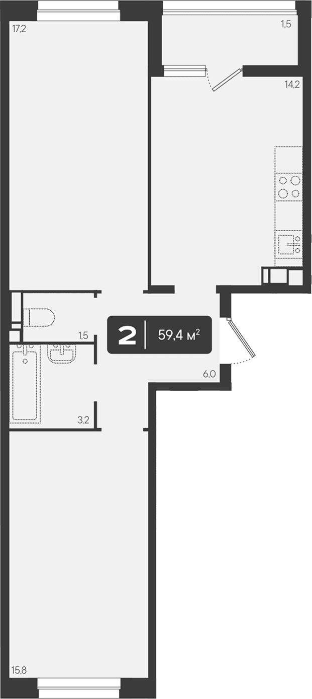 Продается 2-комн. квартира, 57.9 м²